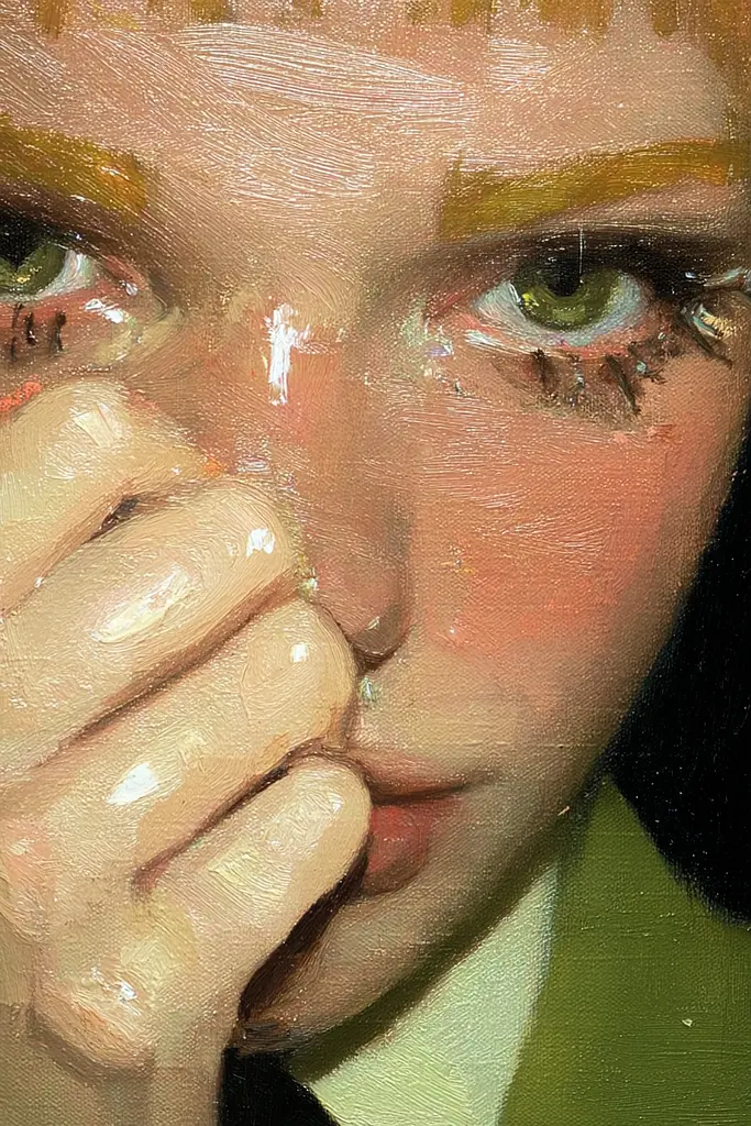 Midjourney generated image using SREF code Slickmalar: A painting of a woman with her hand on her face.