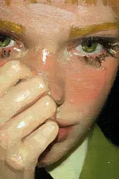 Midjourney generated image using SREF code Slickmalar: A painting of a woman with her hand on her face.