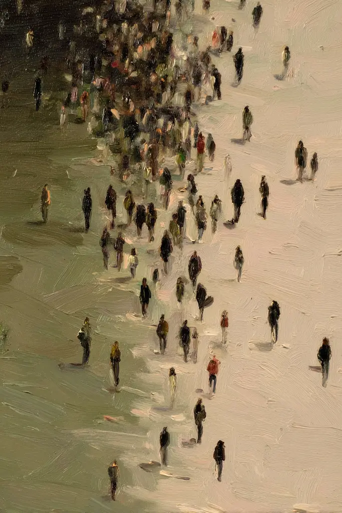 Midjourney generated image using SREF code Slickmalar: A painting of a large group of people walking in the snow.