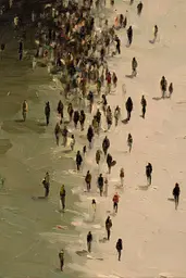 Midjourney generated image using SREF code Slickmalar: A painting of a large group of people walking in the snow.