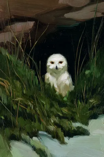 Midjourney generated image using SREF code Slickmalar: A painting of a snowy owl sitting in the grass.