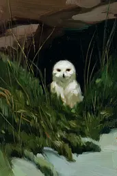 Midjourney generated image using SREF code Slickmalar: A painting of a snowy owl sitting in the grass.