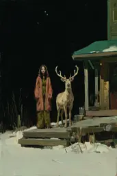 Midjourney generated image using SREF code Slickmalar: A painting of a woman standing next to a deer in the snow.