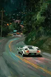 Midjourney generated image using SREF code Slickmalar: A painting of a white car driving down a road.