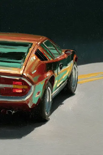 Midjourney generated image using SREF code Slickmalar: A painting of a red and green car driving down a road.