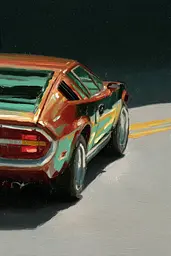 Midjourney generated image using SREF code Slickmalar: A painting of a red and green car driving down a road.