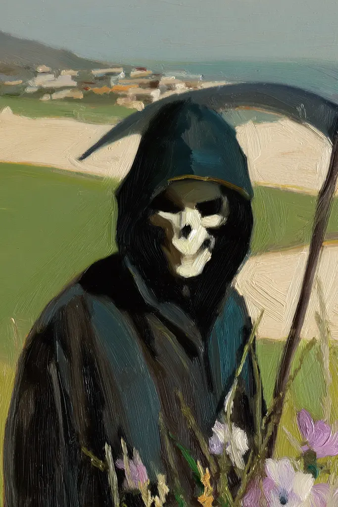 Midjourney generated image using SREF code Slickmalar: A painting of a grim reaper holding a scythe in a field of flowers.