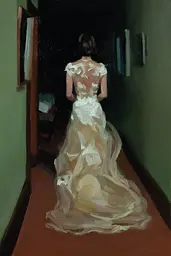 Midjourney generated image using SREF code Slickmalar: A painting of a woman in a wedding dress walking down a hallway.