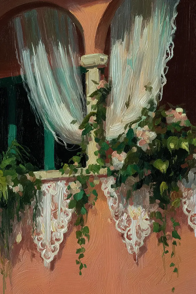 Midjourney generated image using SREF code Slickmalar: A painting of a balcony with flowers and curtains.