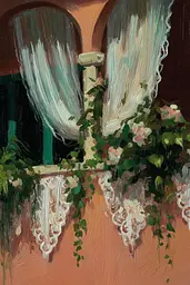 Midjourney generated image using SREF code Slickmalar: A painting of a balcony with flowers and curtains.