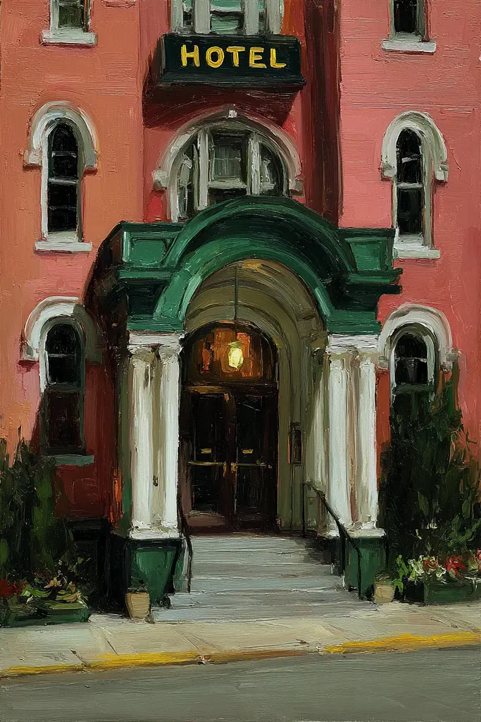 Midjourney generated image using SREF code Slickmalar: A painting of a hotel building with a green door.