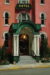 Midjourney generated image using SREF code Slickmalar: A painting of a hotel building with a green door.