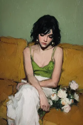 Midjourney generated image using SREF code Slickmalar: A painting of a woman sitting on a couch holding a bouquet of flowers.