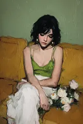 Midjourney generated image using SREF code Slickmalar: A painting of a woman sitting on a couch holding a bouquet of flowers.