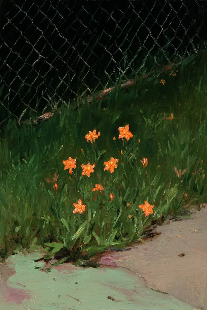 Midjourney generated image using SREF code Slickmalar: A painting of orange flowers in front of a chain link fence.