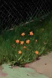 Midjourney generated image using SREF code Slickmalar: A painting of orange flowers in front of a chain link fence.