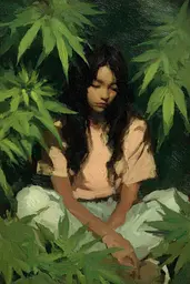 Midjourney generated image using SREF code Slickmalar: A painting of a woman sitting in the middle of a forest.