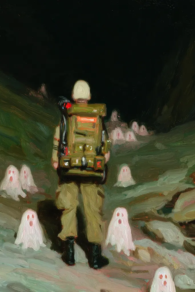 Midjourney generated image using SREF code Slickmalar: A painting of a man with a backpack walking through a field of ghosts.