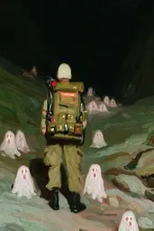 Midjourney generated image using SREF code Slickmalar: A painting of a man with a backpack walking through a field of ghosts.