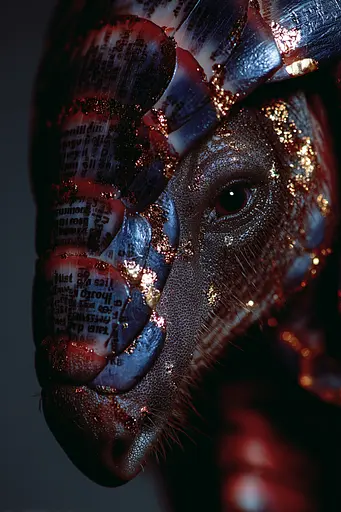 Midjourney generated image using SREF code Flarevox: A close up of a goat's face covered in glitter.