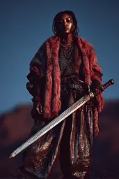 Midjourney generated image using SREF code Flarevox: A woman in a fur coat holding a sword.
