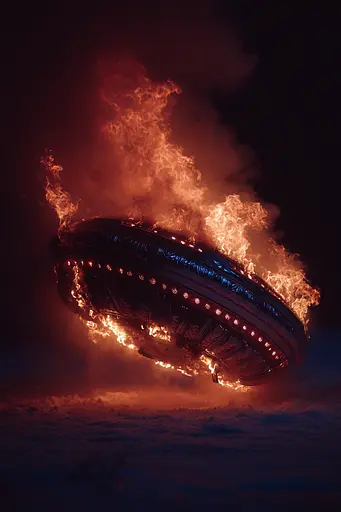 Midjourney generated image using SREF code Flarevox: A flying saucer is engulfed by flames in the sky.