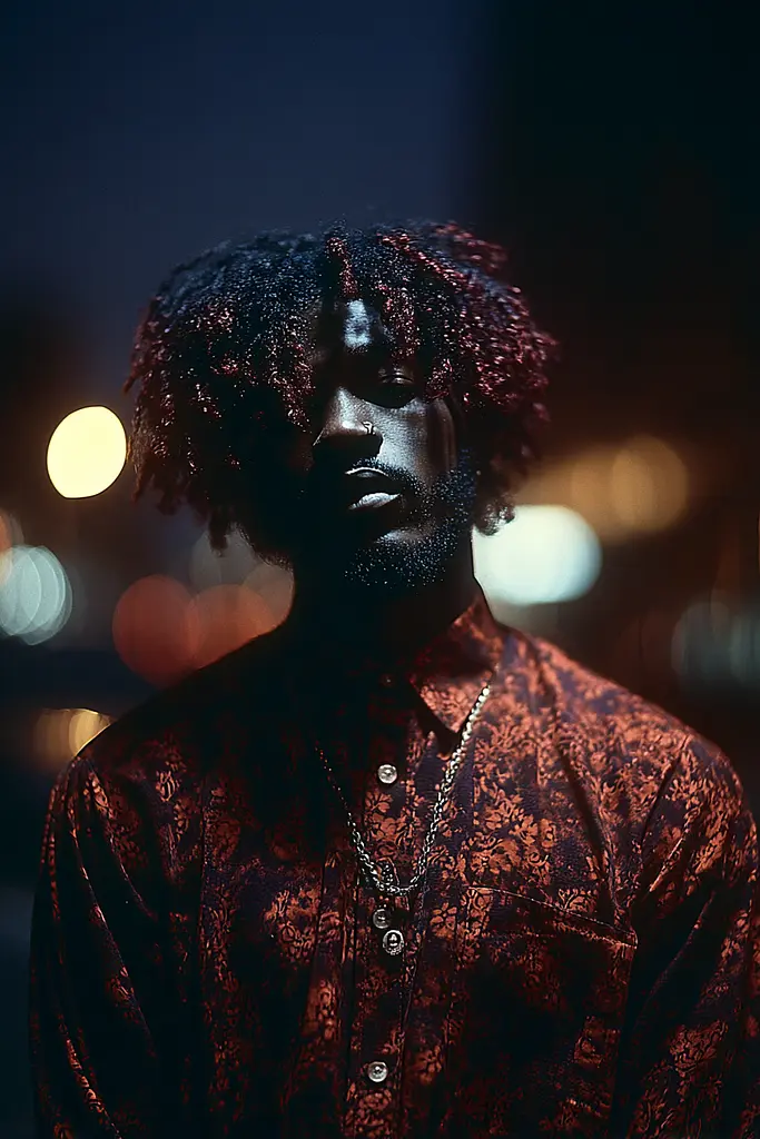 Midjourney generated image using SREF code Flarevox: A man with dreadlocks standing in front of a city at night.