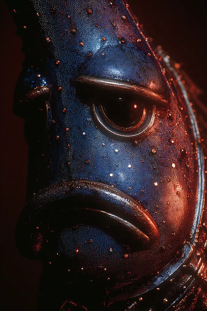 Midjourney generated image using SREF code Flarevox: A close up of a blue mask on a black background.