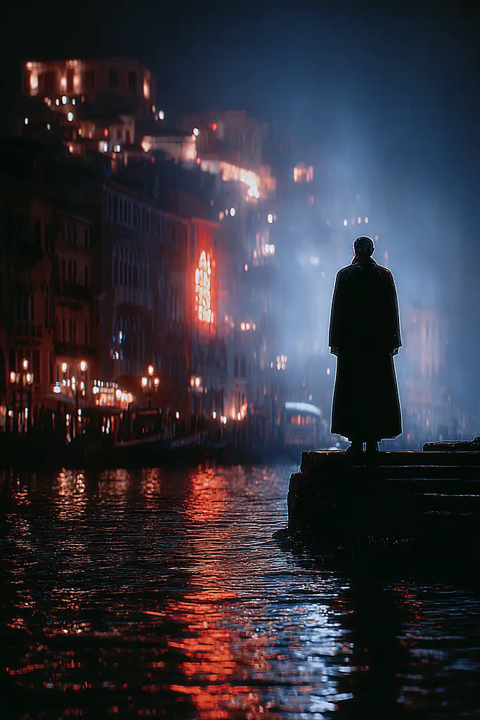 Midjourney generated image using SREF code Flarevox: A man standing on the edge of a body of water at night.