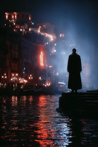 Midjourney generated image using SREF code Flarevox: A man standing on the edge of a body of water at night.