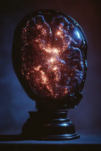 Midjourney generated image using SREF code Flarevox: A glowing brain on a black pedestal on a table.