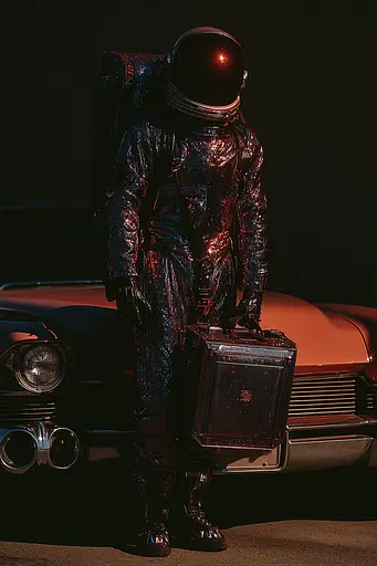 Midjourney generated image using SREF code Flarevox: A man in a space suit standing next to a car.