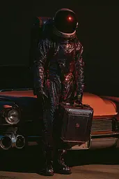 Midjourney generated image using SREF code Flarevox: A man in a space suit standing next to a car.