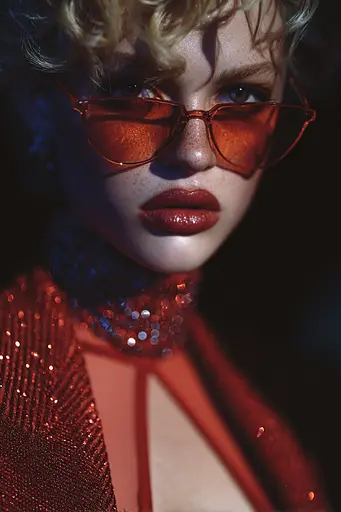 Midjourney generated image using SREF code Flarevox: A woman in a red dress and sunglasses.