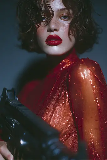 Midjourney generated image using SREF code Flarevox: A woman in a red dress holding a gun.