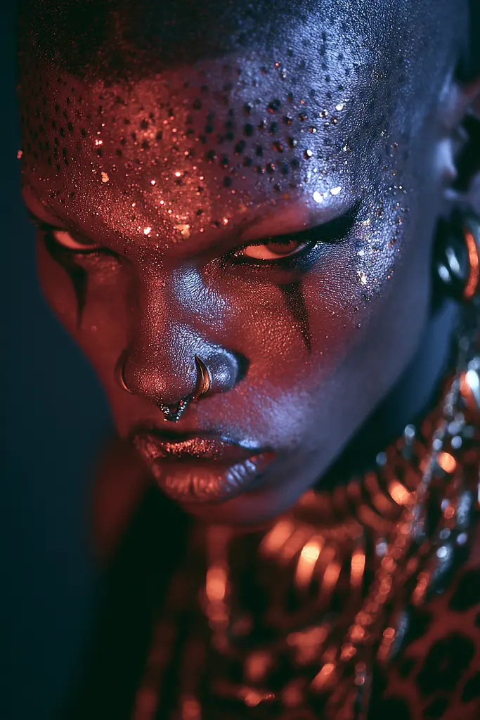 Midjourney generated image using SREF code Flarevox: A woman with a face painted like a leopard.