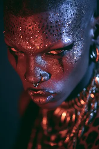 Midjourney generated image using SREF code Flarevox: A woman with a face painted like a leopard.