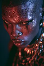 Midjourney generated image using SREF code Flarevox: A woman with a face painted like a leopard.