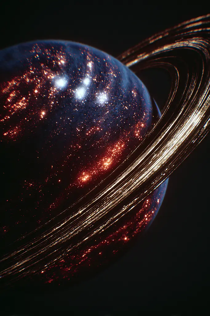 Midjourney generated image using SREF code Flarevox: A close up of a planet with a ring around it.