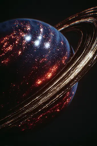 Midjourney generated image using SREF code Flarevox: A close up of a planet with a ring around it.