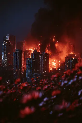 Midjourney generated image using SREF code Flarevox: A large fire is burning in the middle of a city.