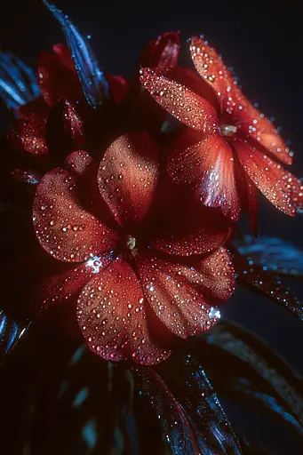 Midjourney generated image using SREF code Flarevox: A red flower with water droplets on it.