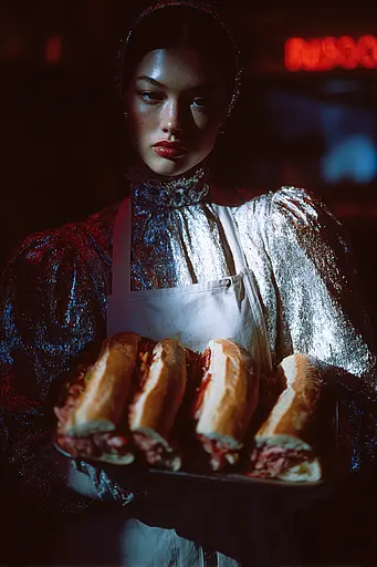 Midjourney generated image using SREF code Flarevox: A woman holding a tray of sandwiches in a restaurant.