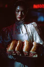 Midjourney generated image using SREF code Flarevox: A woman holding a tray of sandwiches in a restaurant.