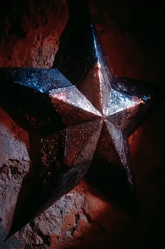 Midjourney generated image using SREF code Flarevox: A silver star on a brick wall in a dark room.