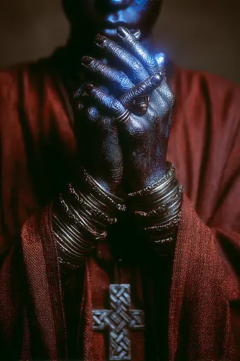 Midjourney generated image using SREF code Flarevox: A woman with her hands clasped in prayer. 