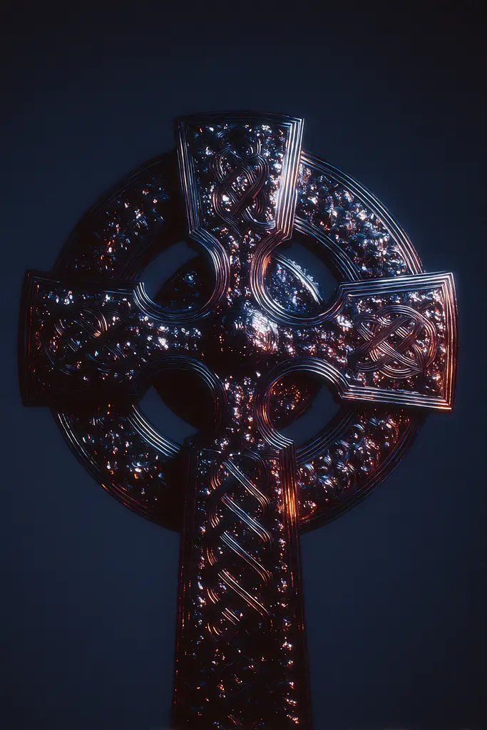 Midjourney generated image using SREF code Flarevox: A celtic cross is lit up in the dark. 