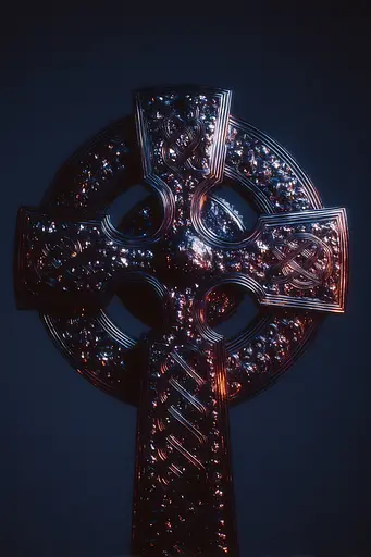 Midjourney generated image using SREF code Flarevox: A celtic cross is lit up in the dark. 