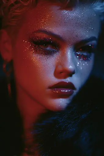 Midjourney generated image using SREF code Flarevox: A woman with glitter on her face and a fur collar.
