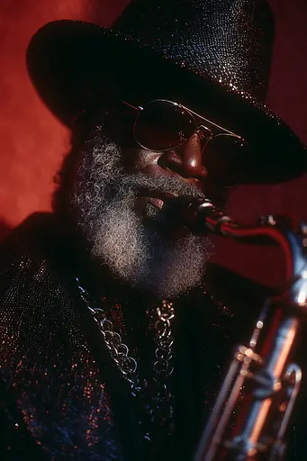 Midjourney generated image using SREF code Flarevox: A man in a hat and sunglasses playing a saxophone.